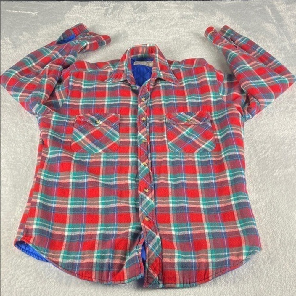 St. John's Bay Flannel Shirt Jacket Mens M Red Plaid Quilted Lined